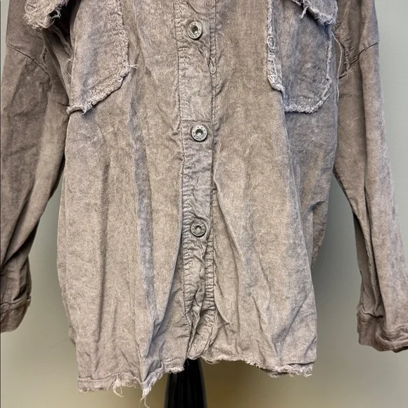 Venti6 Made in Italy Distressed Button Shirt Taupe L Raw Edge Cotton